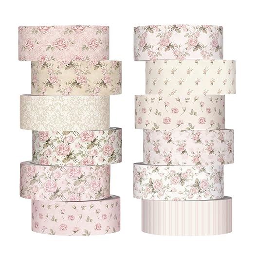 YooNotee 12 Rolls Floral Washi Tape Set,Dusty Pink,Rose | Watercolor Flowers Design for Scrapbook Journal DIY Craft School Supplies, 15 mm Vintage Decorative Masking Washi Tapes