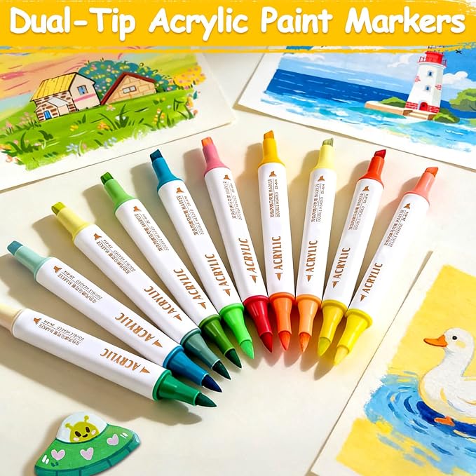 Coloring Acrylic Paint Markers, 24 Colors Dual Tip Chisel & Fine Art Paint Pens Set, Colored Markers for Adult Book Drawing, Rock, Stone, Fabric, Art Supplies Marker Kit for Illustration DIY, 12 Pack