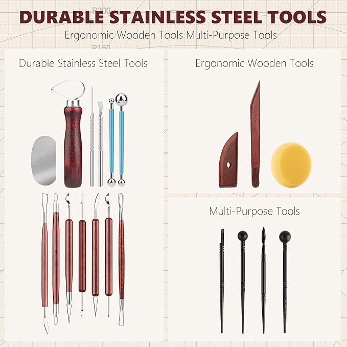 23PCS Clay Tools Sculpting, Ceramic & Pottery Modeling Tool, Ceramics Tools Set, Polymer Tools Kit, Air Dry Clay Tools for Carving, Molding, Pottery Wheel, Crafting Supplies, Pros, Beginners, Adults