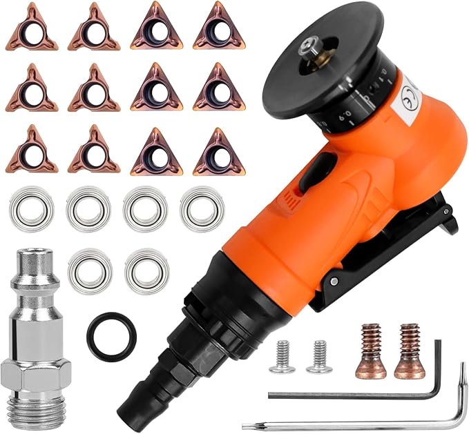 2 in 1 Mini Pneumatic Chamfering Machine, 45° Arc Corner Beveling Trimming Deburring Machine 30000RPM Handheld Chamfering Air Chamfer Tool with 1/4 Inch Air Inlet (C&R Angle Blades,Orange)