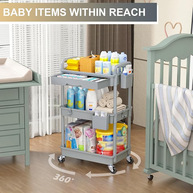 Goovilla 3 Tier Rolling Utility Cart Organizer with Removable Drawer, Grey | Stable and Sturdy Rolling Storage Carts with 2 Lockable Wheels for Bathroom, Kitchen, Snack, Craft, Makeup, Baby Essentials