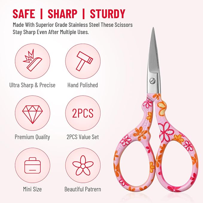 2PCS Sewing Embroidery Scissors, 3.6 Inches Sharp Stainless Steel Crochet Scissor Craft Scissors for Cross Stitch Supplies, Crochet Accessories, Paper Cutting,Threading & Needlework DIY(Red+Pink)
