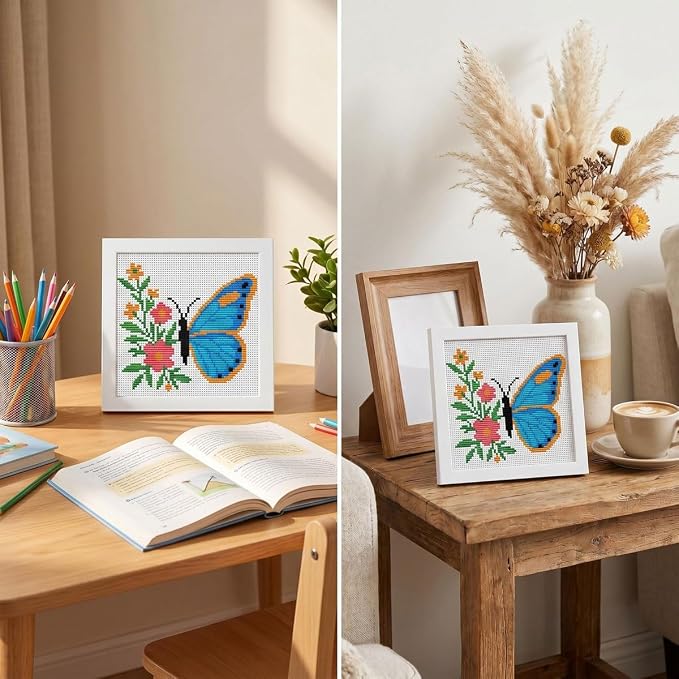 Butterfly Stamped Cross Stitch Kits for Beginners Adults with Framed | Flower Needlepoint Counted Cross Stitch Kits for Beginners Adults with Framed Embroidery Kits Arts and Crafts 6 x 6 inch