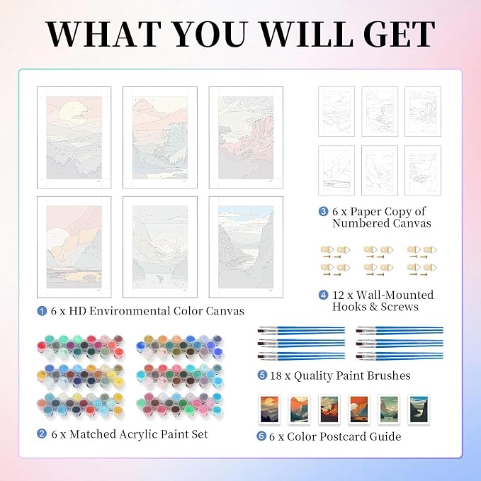 6 Pack Paint by Numbers Kit for Adults, National Park Canvas Painting Set | 8x12 Inch, DIY Acrylic Painting Craft Kit for Beginners without Frame, Relaxing Creative Hobby, Home Wall Decor, Gift