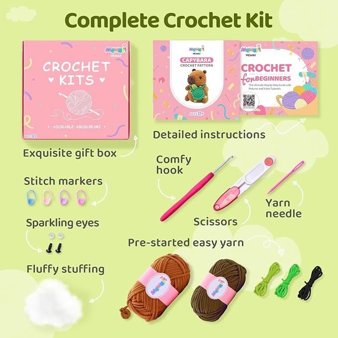 Mewaii Capybara Crochet Kit for Beginners, 40% Extra Yarn | Video Tutorial, Pre-Started Piece, Gift Box, Level 1 Starter Kit, Family Craft for Adults, Kids & Beginners