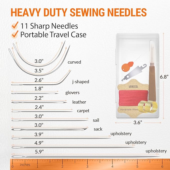 VONEEDL Upholstery Repair Kit: Waxed Sewing Thread (Red Color) & Heavy Duty Needles (11 PCS) for Leather, Canvas & Quilting Thread