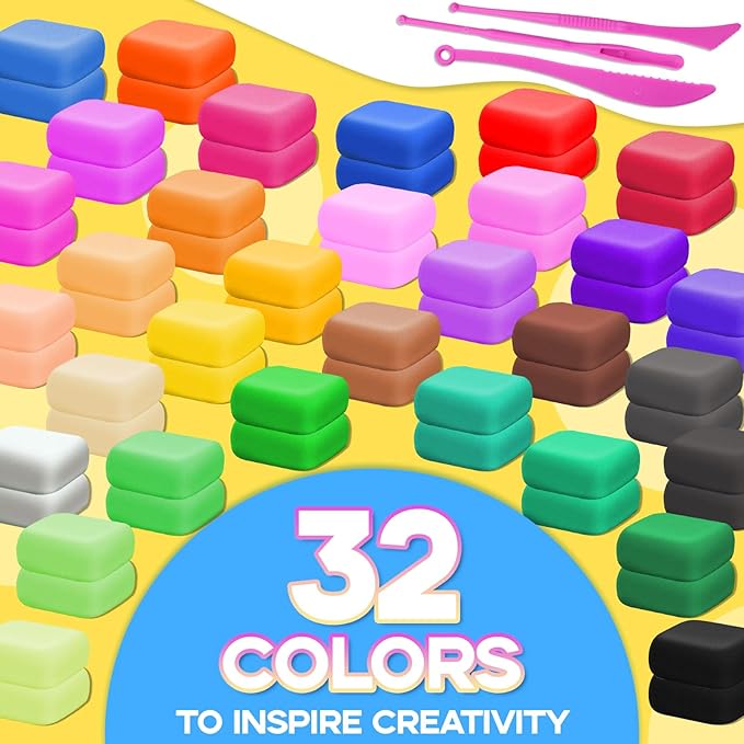 MuseLuxe Air Dry Clay - 64 Pack Modeling Clay Kit | 3 Sculpting Tools,Safe & Non-Toxic,DIY Magic Toys Gifts for Boys,Girls,Kids - 32 Colors