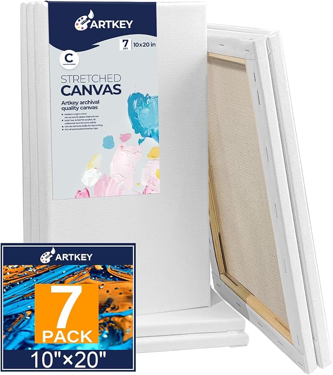 Stretched Canvases for Painting 10x20 Inch 7-Pack, 10 oz Triple Primed Acid-Free 100% Cotton Blank Canvas, Rectangular Canvas for Oil Paint Acrylics Pouring & Wet Art Media