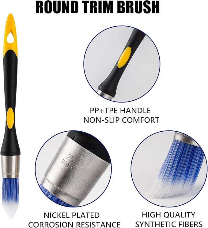Mister Rui Round Trim Brush Set, 3 Pcs Paint Brushes for Trim, Tight Space | Corner Paint Brush, Small Crevice Paint Brush Edger for Touch up, Detail Work, Window Trim, Door-5/8”, 3/4” and 1”