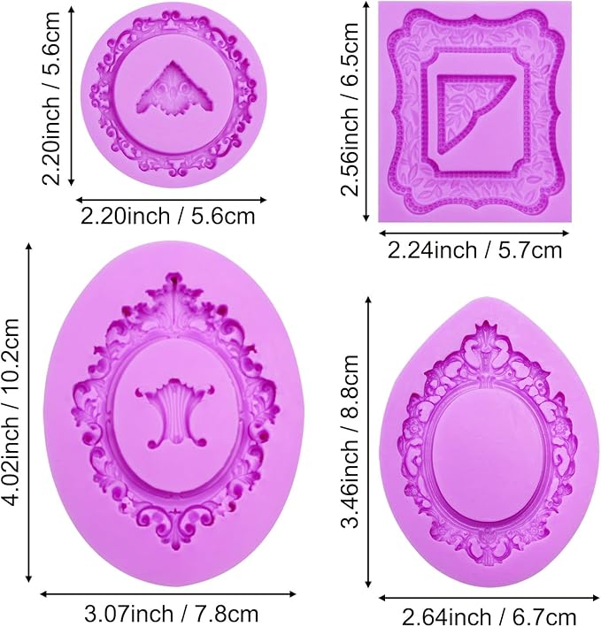 Frame Silicone Mold, 4 Pcs Picture Frame Molds for Chocolate Vintage Baroque Photo Frame Molds for Cake Decorating Cupcake Topper Candy Polymer Clay