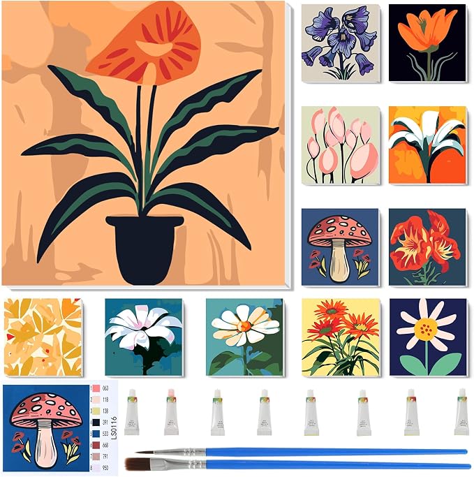 Nezyo 12 Sets Paint by Numbers with Frame for Adults, Canvas 8x8 Inch | Easy Acrylic Painting Kits for Beginners, Framed Art Canvases Ready to Hang, Party Classroom Activity Birthday Gifts