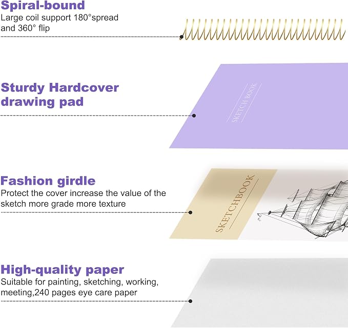Yoment 9"x12" Hardcover Sketchbook for Drawing，120 Sheets，100GSM | Purple,Spiral Bound Sketch Pad Premium Art Sketchbook Artistic Drawing Paper Pad for Kids Adults Beginners Artists