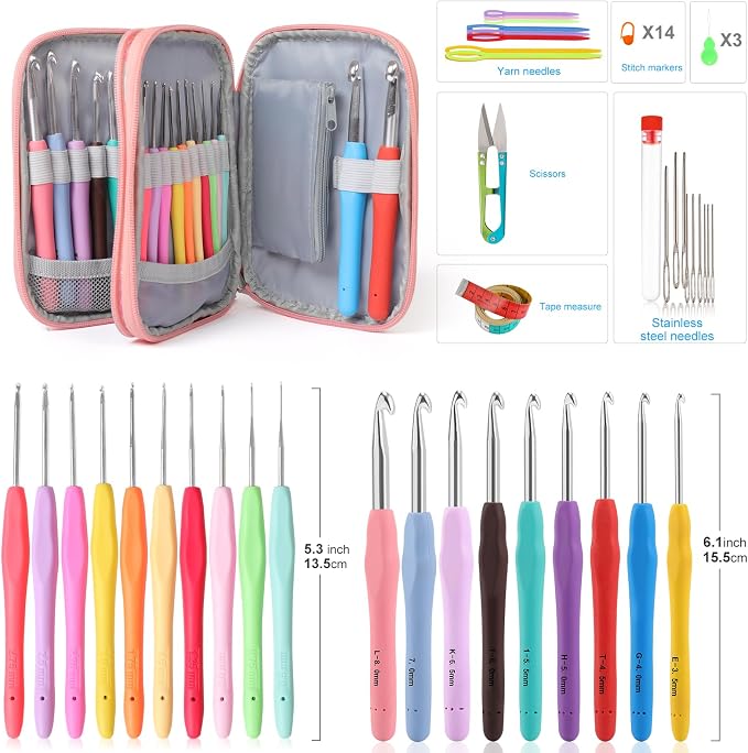 Vodiye 21 Sizes Ergonomic Crochet Hooks Set 0.5–10.0mm with Case, Soft Grip Crochet Needles for Crocheting Comfort