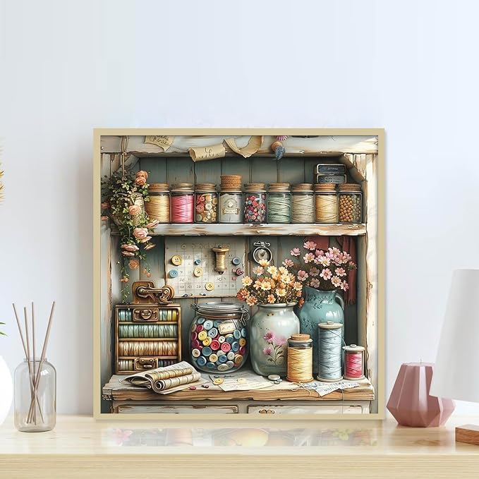 Vintage Sewing Room with Buttons Jar Diamond Art Kits for Adults,5D Diamond Painting Kits for Beginners,DIY Round Full Drill Diamonds Gem Art Crafts for Home Wall Decor Gifts 14x14 Inch