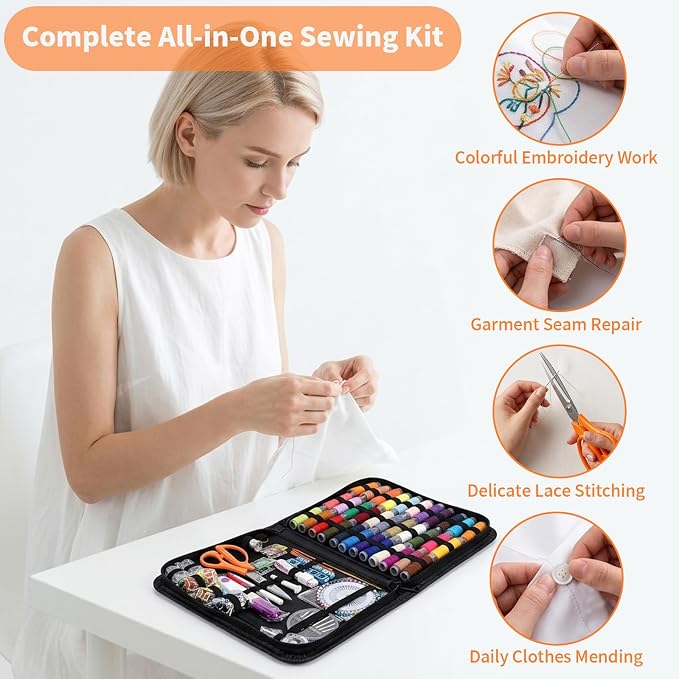 GABTRUK 304PCS Adult Sewing Kit, 43 Colors Thread & Ergonomic Scissors, Portable PU Leather Mending Supplies for Travel Home Beginners