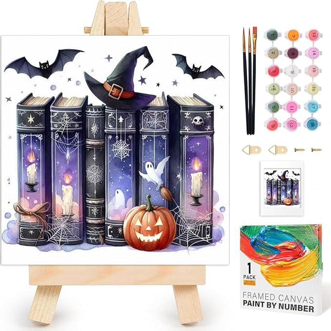 Arttoplus Halloween Framed Paint by Numbers Kit for Adults 10x10inch, Book | Adult Paint by Number Kits on Canvas with Easel for Beginner & Kids Ages 8-12, Easy Acrylic Oil Painting Kits for Home Decor