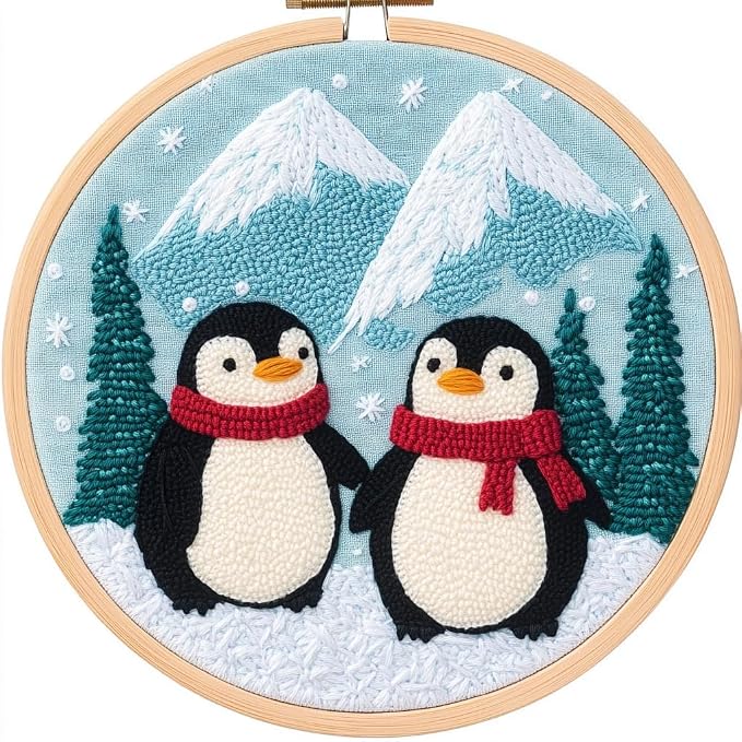 DIY Punch Needle Kits Penguins Family Snow Mountain with Hoop 20x20cm-1