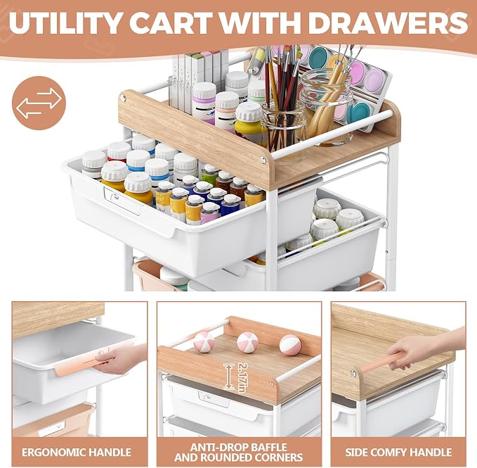 SYKIARIOL Rolling Craft Storage Cart with 4 Drawers,Kids Art Cart,Pearl | Utility Cart with Drawers,Art Craft Organizers and Storage,Kids Craft Cart With DIY Lable and Wooden Tabletop Area