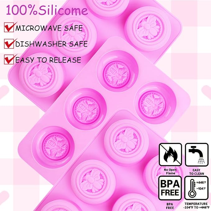 3Pcs Bee Silicone Molds Bee Soap Molds for Soap Making Lotion Bar Molds | Round Honeybee Silicone Mold for Making Homemade Soap, Lotion Bar, Jello, Bath Bomb, Beeswax, CandleChocolate（Pink）