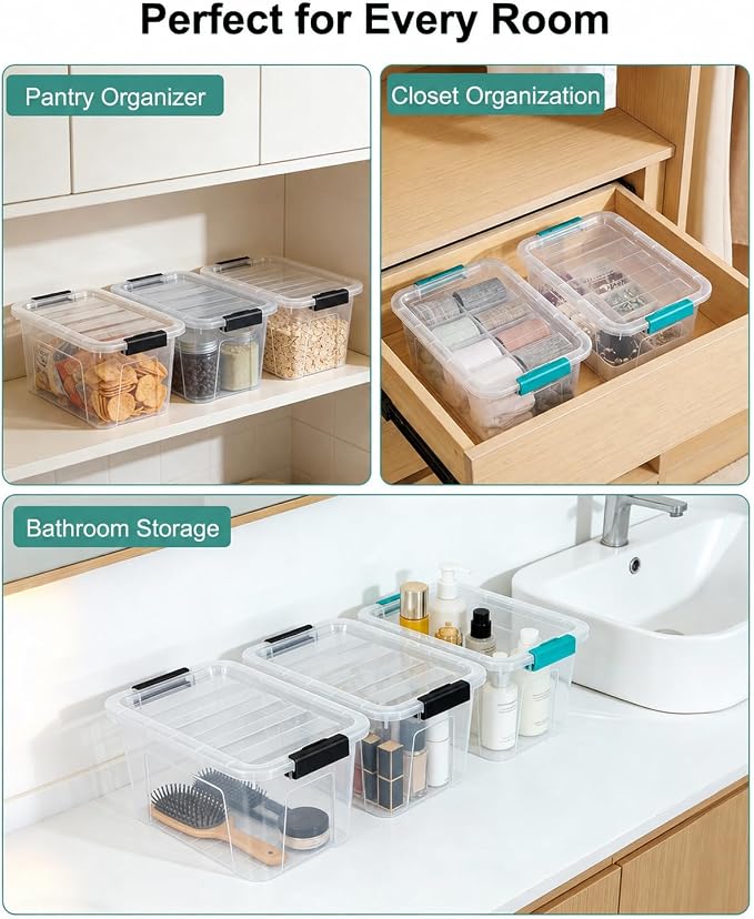 EOENVIVS Plastic Storage Bins with Lids 6 Pack, 7 Quart Storage Containers With Black Buckle Latch, Stackable Storage Organizers for Home Pantry Office Classroom Organization, Clear