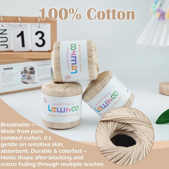 Size 3 Crochet Thread, 3 Pack Lace Yarn Ball 100% Cotton Natural