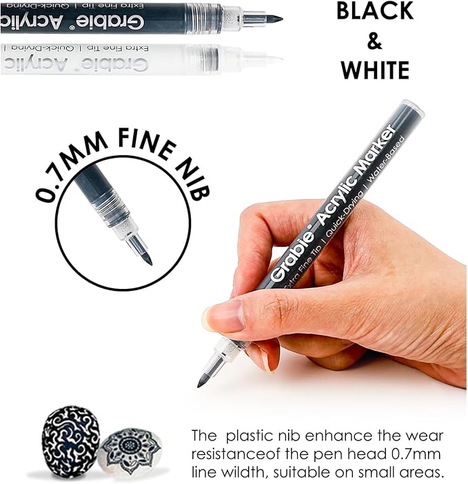 Grabie 6 Pack of Black & White Acrylic Paint Markers, 0.7 mm Extra Fine Tip