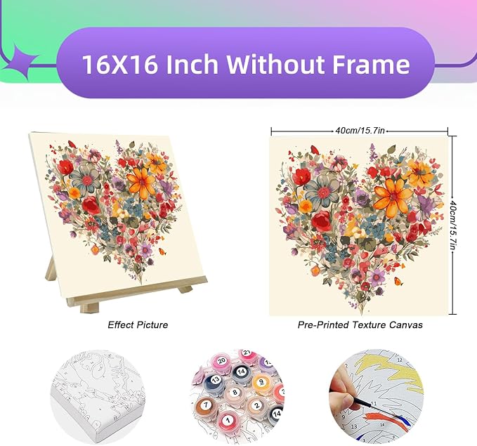 BYGFHLYW Wildflower Paint by Numbers Kit for Adults Beginners 16x16In | Heart Flower Easy Adult Paint by Number Kits On Canvas, DIY Acrylic Oil Painting Kits for Home Wall Decor