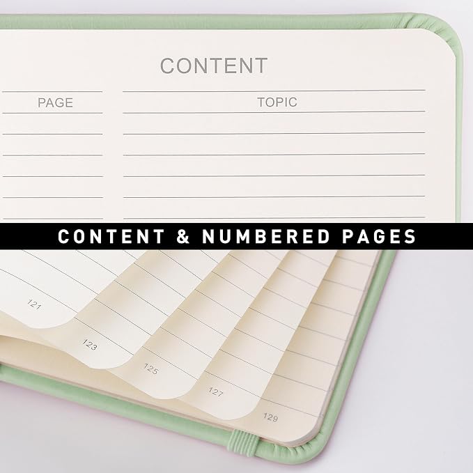 RETTACY Lined Journal Notebook, 192 Numbered Pages, A5 Size (5.7'' x 8.3'') | Leather Hardcover, 100 GSM Thick Paper, for Men & Women, Journaling, Writing, Work & Office (Light Green)