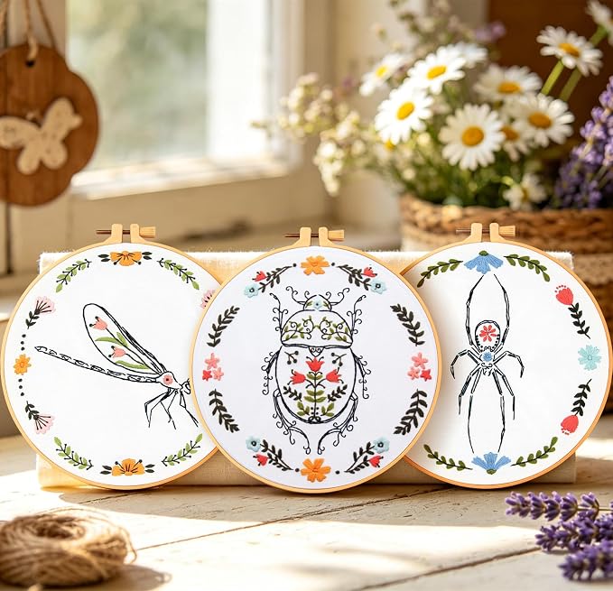 Armindou Hand Embroidery Kits for Beginners Adults, Insect Flowers Embroidery Set Needlepoint Kits, Spider Stamped Cross Stitch Kits for Beginners Adults, 3 Embroidery Hoops (Attached Video Tutorial)