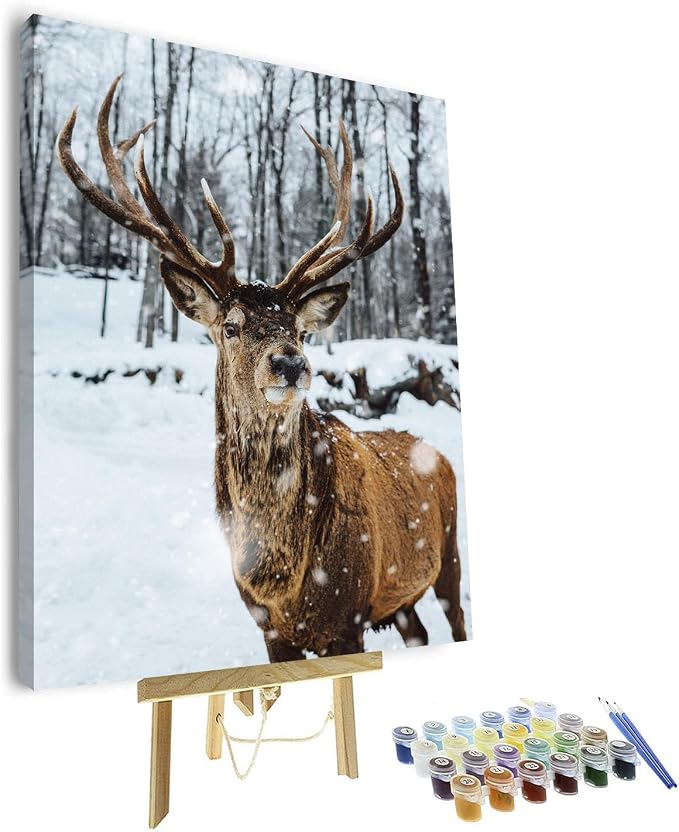 TUMOVO Adult Paint by Number Kits, Paint by Numbers Kit for Adults - Elk in a Snowy Winter Landscape, Serene Forest Wildlife Animal Art, Painting by Numbers Canvas, 16x20 Inch(Framed)