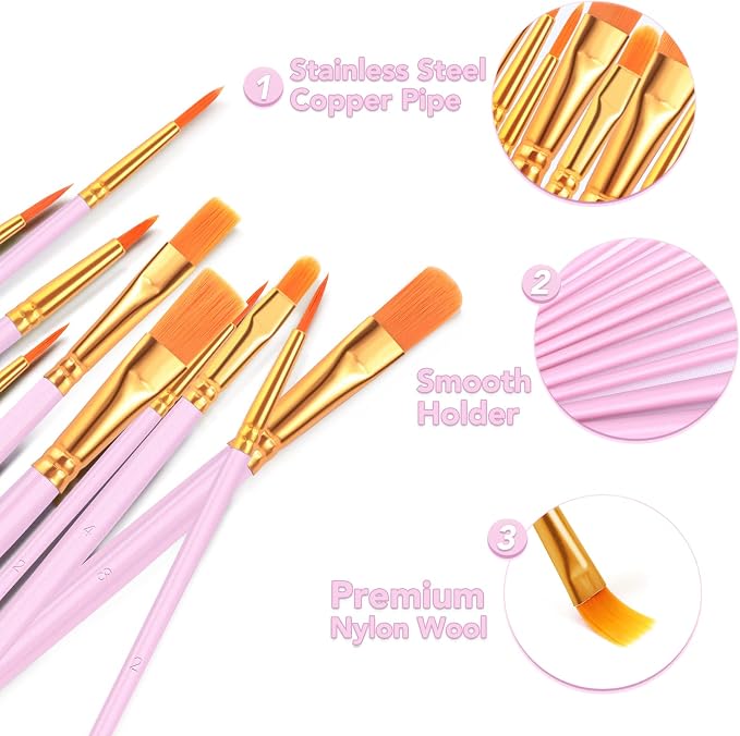 ESRICH 80PCS Pink Paint Brushes, Paint Brush for Acrylic Painting | Artist Paintbrushes for Oil Watercolor, Body Face Rock Canvas, Small Paint Brushes for Kids