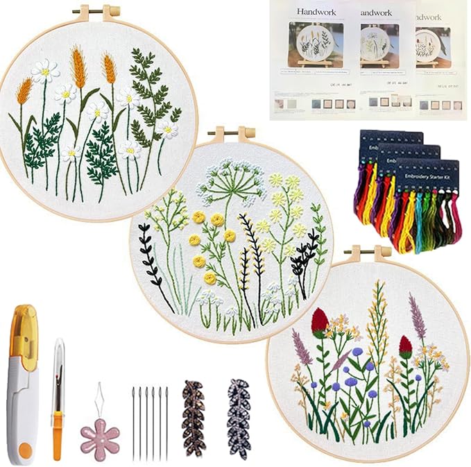 CHIYOSING Embroidery Kit for Beginners Adults, 3 Floral Pattern to Learn Over 30 Different Stitches,Includes Step-By-Step Instructions,Sharp Scissors and 2 Exquisite Hairpins and Multiple Accessories