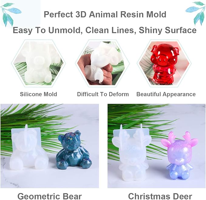 EuTengHao 20Pcs 3D Animal Resin Molds Tools Set Includes 8 Resin Casting Molds Large Clear Epoxy Silicone Molds 2 Measurement Cup 10 Wood Sticks for Resin Craft DIY
