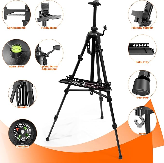 Adjustable Artist Easel - 19.69" to 61.8", Portable Folding Tabletop or Floor Easel with Brush Tray, Carry Bag, 4 Clips, 5 Palette Knives for Painting, Display, and Art Exhibitions (Black)