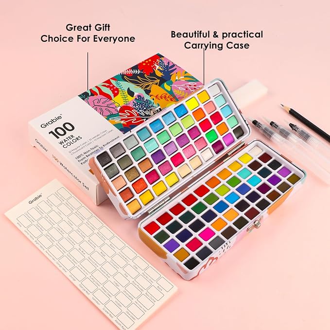 Grabie Watercolor Paint Set of 100 Color with Water Brush Pens | Water Brush Pens Included, Portable Carrying Case, High Pigment Paints, Smooth Blending, Travel Painting