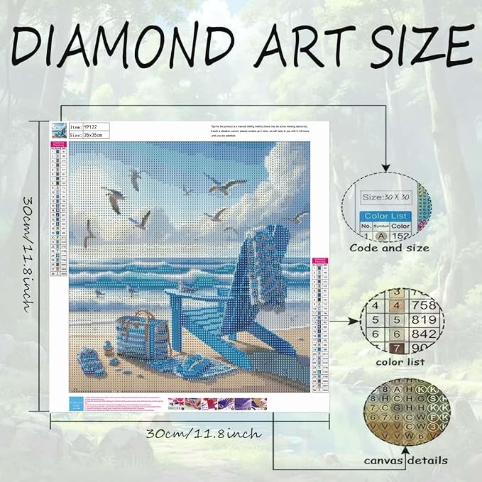 OJTOYART Beach Scenery Diamond Art Kits for Adults, 5D Deck Chair Diamond Painting Kits for Beginners,Scenery DIY Full Drill Gem Painting for Relaxation and Home Wall Decor 12 x 16 inch