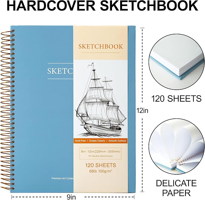 Yoment 9"x12" Hardcover Sketchbook for Drawing，120 Sheets，100GSM | Blue,Spiral Bound Sketch Pad Premium Art Sketchbook Artistic Drawing Paper Pad for Kids Adults Beginners Artists