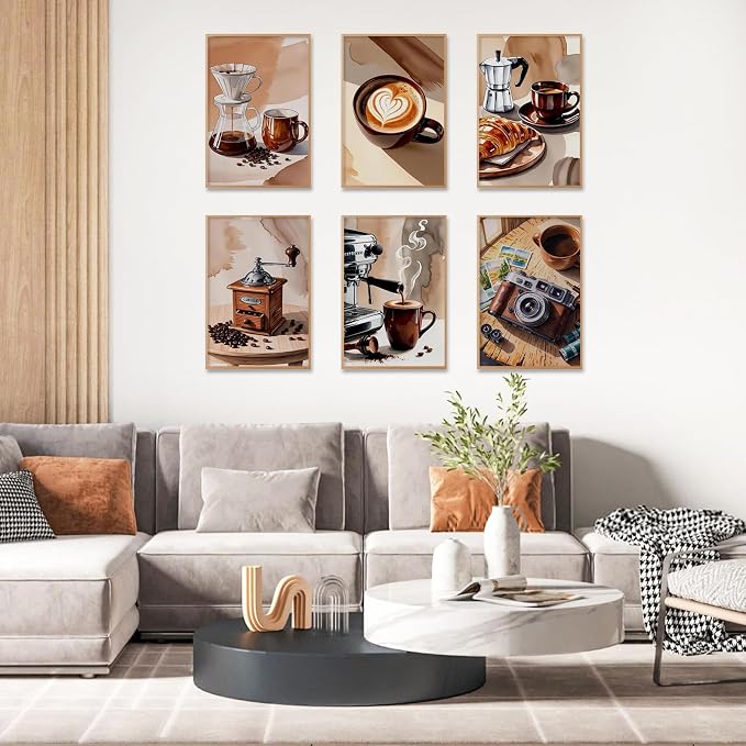 Camocin 6 Pack Paint by Numbers Kit for Adults, Coffee Canvas Painting Set | 8x12 Inch, DIY Acrylic Painting Craft Kit for Beginners without Frame, Relaxing Creative Hobby, Home Wall Decor, Gift