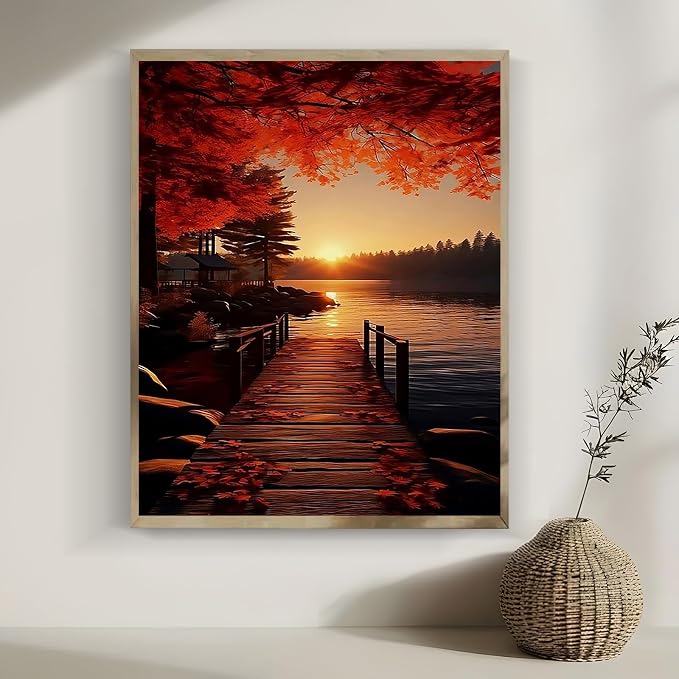 LKHMVCA Fall Landscape Bridge Leaf Paint by Number Kits for Adults, DIY Paint by Numbers Kits for Adults Beginners Without Frame, Acrylic Paint Canvas Painting Kits Art for Home Decor 16x20 Inch