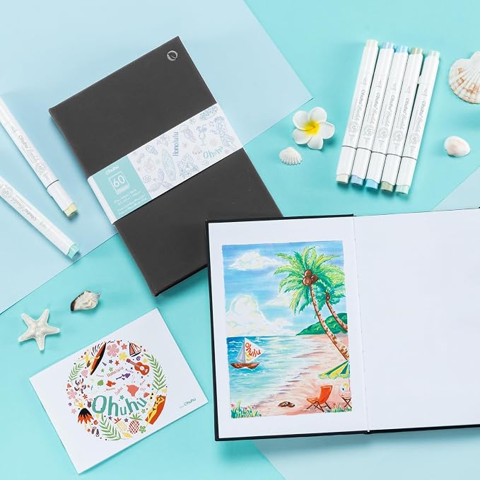 Ohuhu 5.5"x8.5" Double-Sided Bleedproof Marker Pad Art Sketchbook 60 Sheets | Small Sketch Book - 90 LB/150 GSM Smooth Drawing Paper - 60 Sheets/120 Pages -Hardcover Sketch Pad for Alcohol Markers Paints