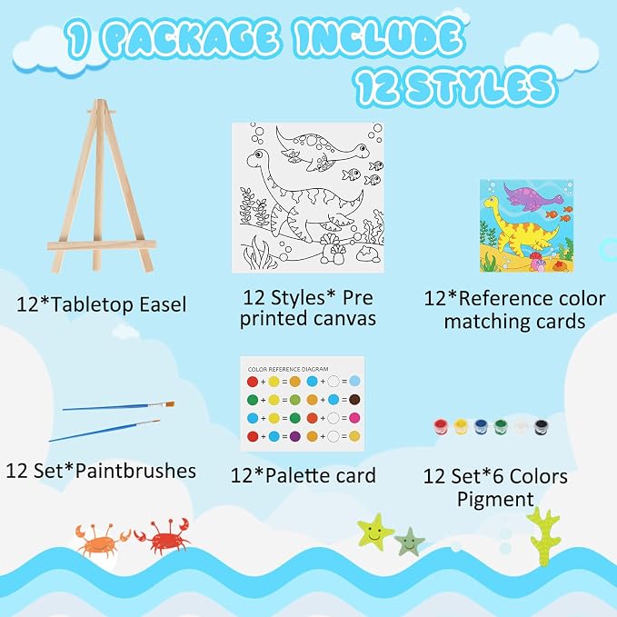 Tenceur 12 Sets Pre Drawn Canvas to Paint Adult Stretched Coloring Painting Canvas Panels with Design Easel and Brushes for Party Supplies Beginner Favor(Cute Style)