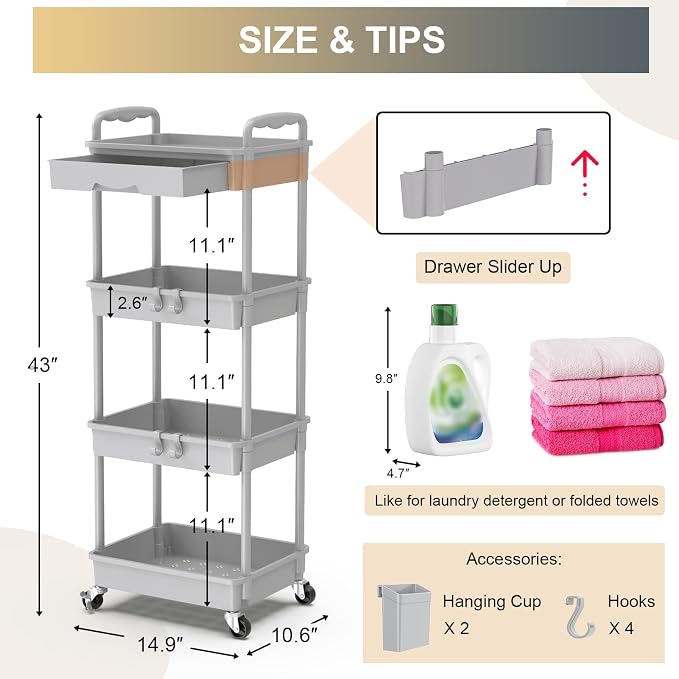 Goovilla 4 Tier Rolling Utility Cart Organizer with Removable Drawer, Grey | Stable and Sturdy Rolling Storage Carts with 2 Lockable Wheels for Bathroom, Kitchen, Snack, Craft, Makeup, Baby Essentials