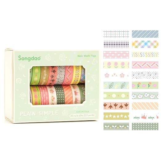 20 Rolls Basic Washi Tape Set Japanese Arts Adhesive Tapes Simple Patterns Decorative Masking Tape Sets for Craft, Kids, Scrapbook, DIY, Gift Wrapping (Style Five)