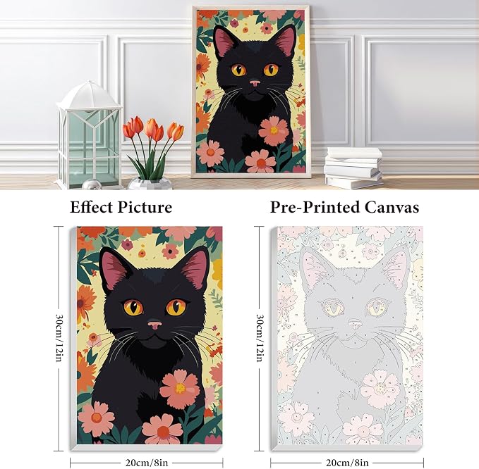 Fountor Framed Paint by Numbers Kit for Adults Beginner 8x12 in, Black Cat