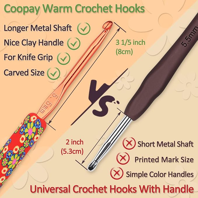 Coopay 14pcs New Warm Crochet Hooks for Beginner, Longer Crochet Hook Set
