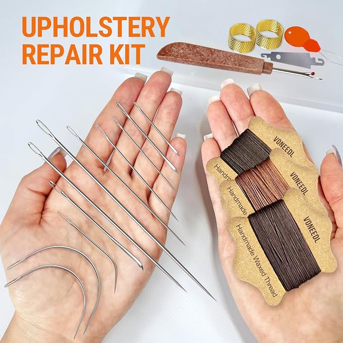 Upholstery Repair Kit: Waxed Sewing Thread (3 Rolls - Brown Color Range) & Heavy Duty Needles (11 PCS) for Leather, Canvas & Quilting Thread