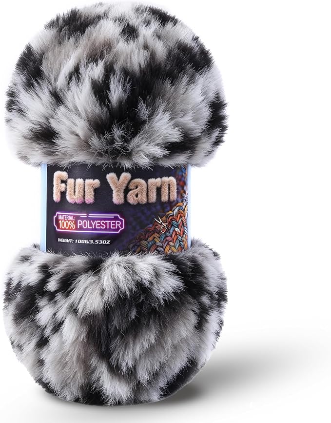 Faux Fur Yarn Soft Fluffy for Crocheting - 1 Skeins(Each 3.5oz/100g, 71yd/65m) - Chunky & Fluffy Yarn for Crochet Amigurumi, Blankets, Hand Knitting, Scarves &Crafts (1, Black + White)