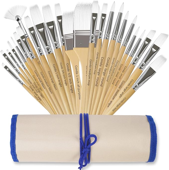 CONDA Paint Brushes Set of 24 Different Shapes Professional Painting Brushes for Oil, Acrylic Canvas and Watercolor Painting (White)