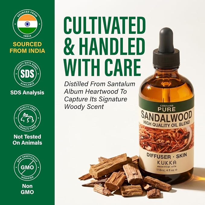 100% Pure Sandalwood Oil 4 Fl Oz - Sandalwood Essential Oil for Hair | Woody Aroma Fragrance, for Skin, Scalp, Diffuser, Aromatherapy, Perfume, Body Massage - Undiluted, Non-GMO, from India