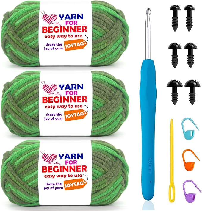 3 Pack Rainbow Beginner Crochet Yarn for Crocheting and Knitting Multicolor Cotton Crochet Yarn for Beginners with Easy-to-See Stitches Cotton-Nylon Blend Easy Yarn for Beginners(Army Green Tone)